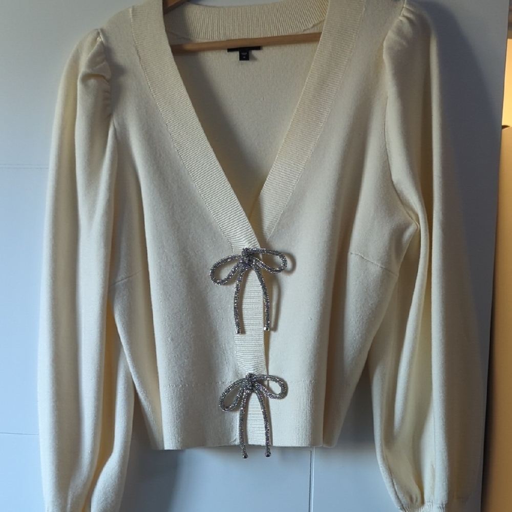 Express Cream Cardigan with Rhinestone Bows
